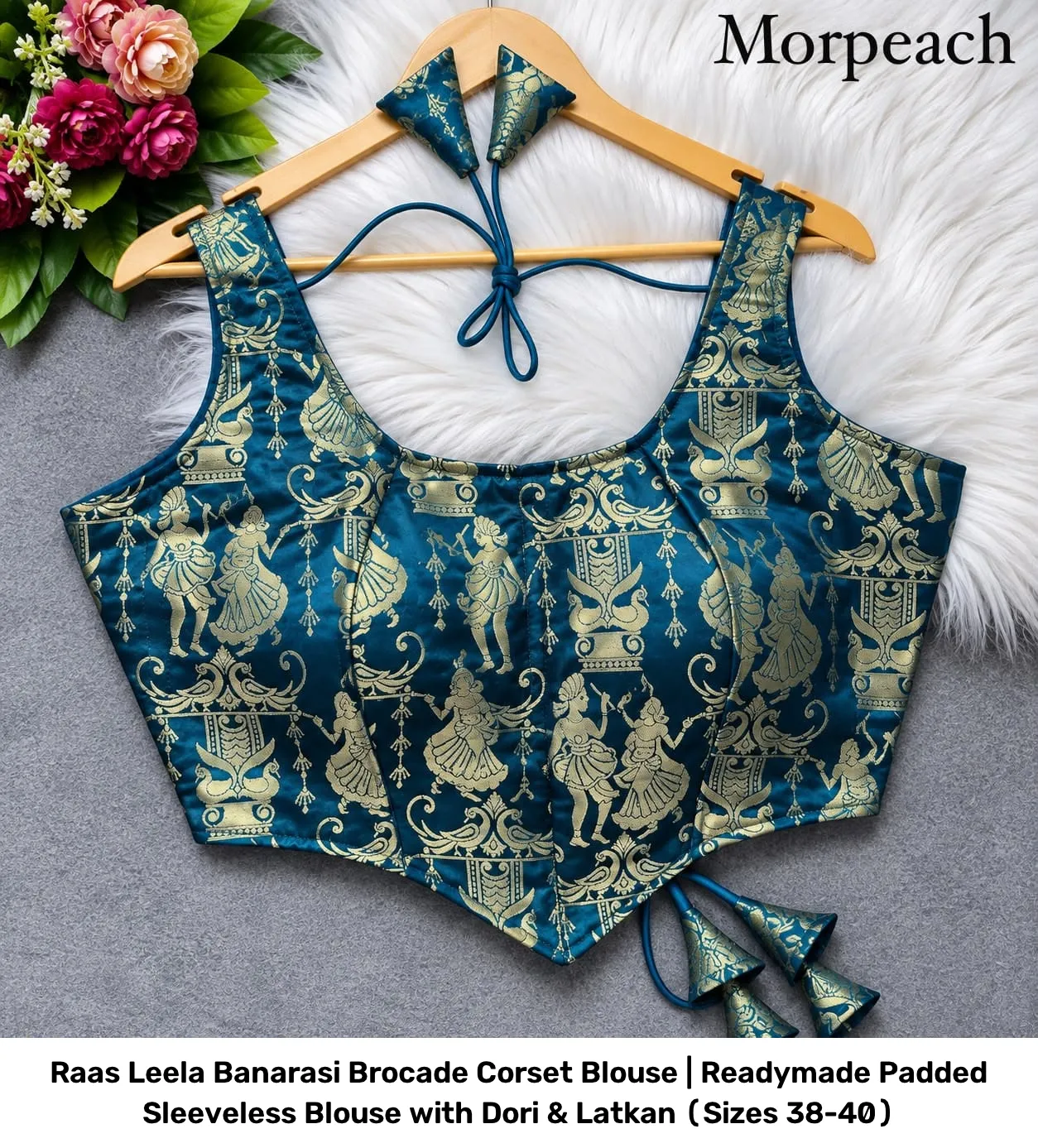 Raas Leela Banarasi Brocade Corset Blouse | Readymade Padded Sleeveless Blouse with Dori & Latkan (Sizes 38-40) 15