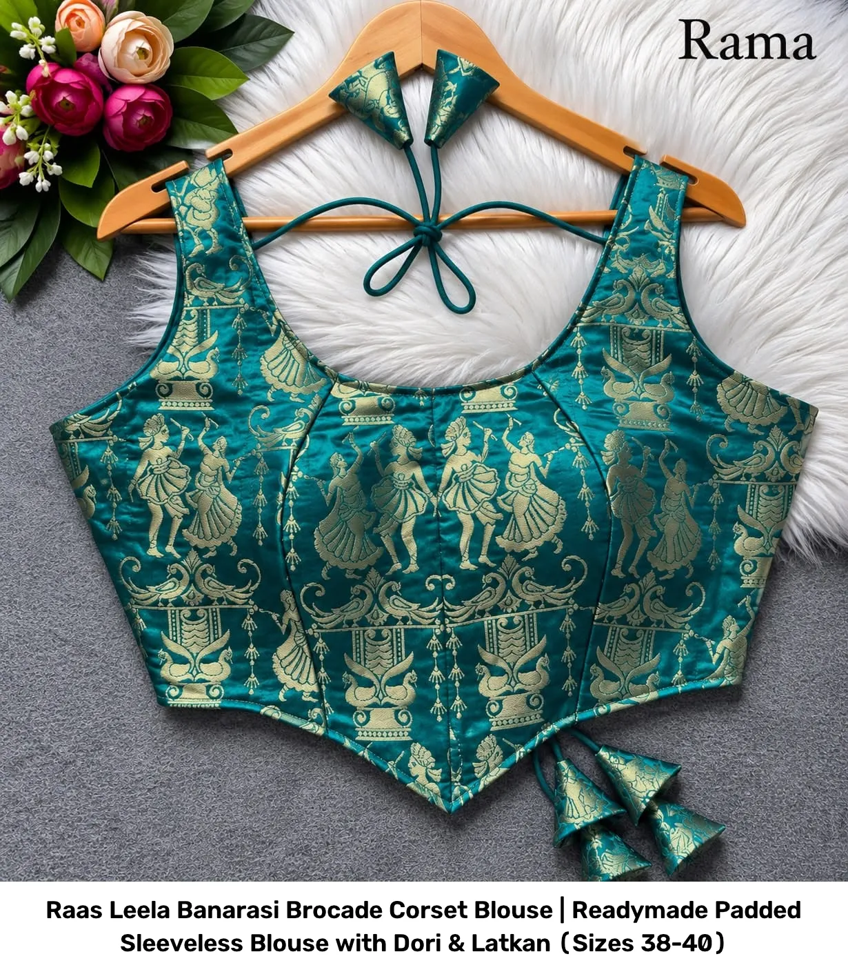 Raas Leela Banarasi Brocade Corset Blouse | Readymade Padded Sleeveless Blouse with Dori & Latkan (Sizes 38-40) 16