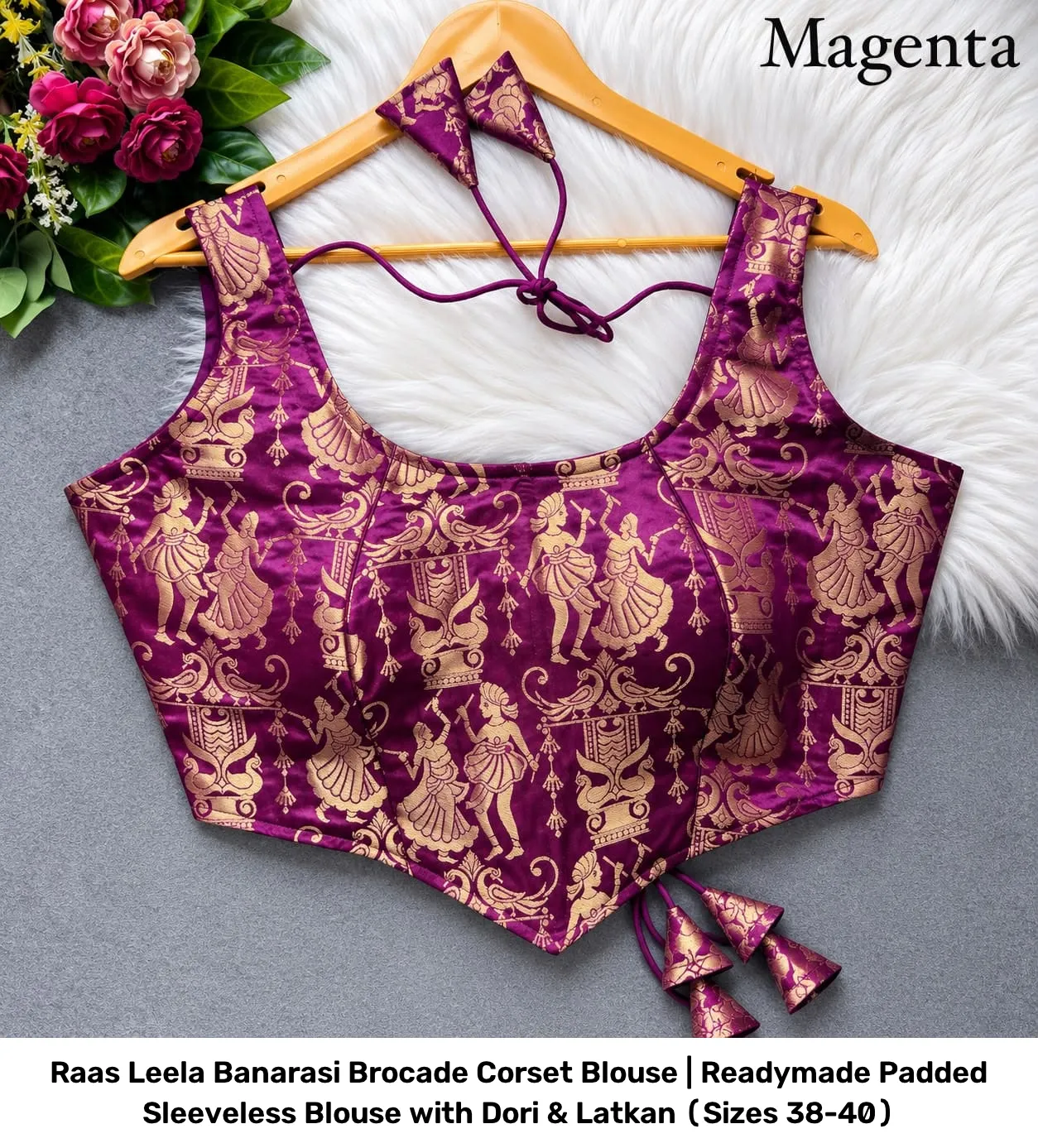 Raas Leela Banarasi Brocade Corset Blouse | Readymade Padded Sleeveless Blouse with Dori & Latkan (Sizes 38-40) 2