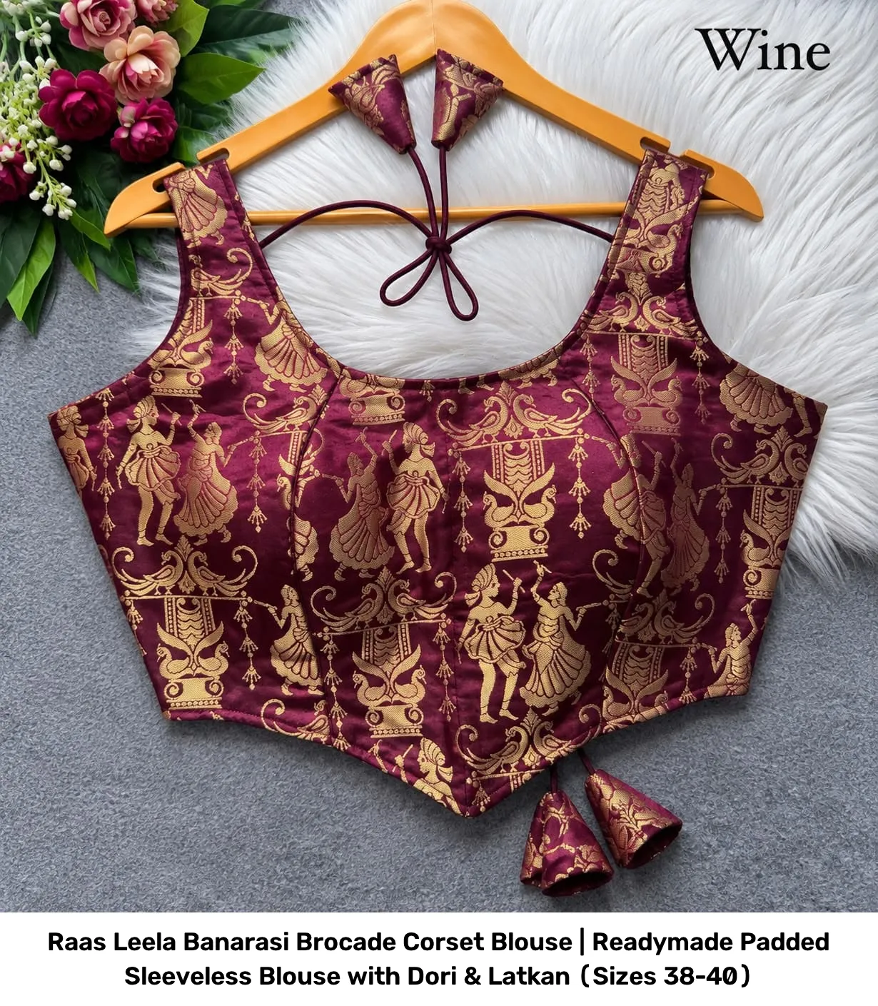 Raas Leela Banarasi Brocade Corset Blouse | Readymade Padded Sleeveless Blouse with Dori & Latkan (Sizes 38-40) 7
