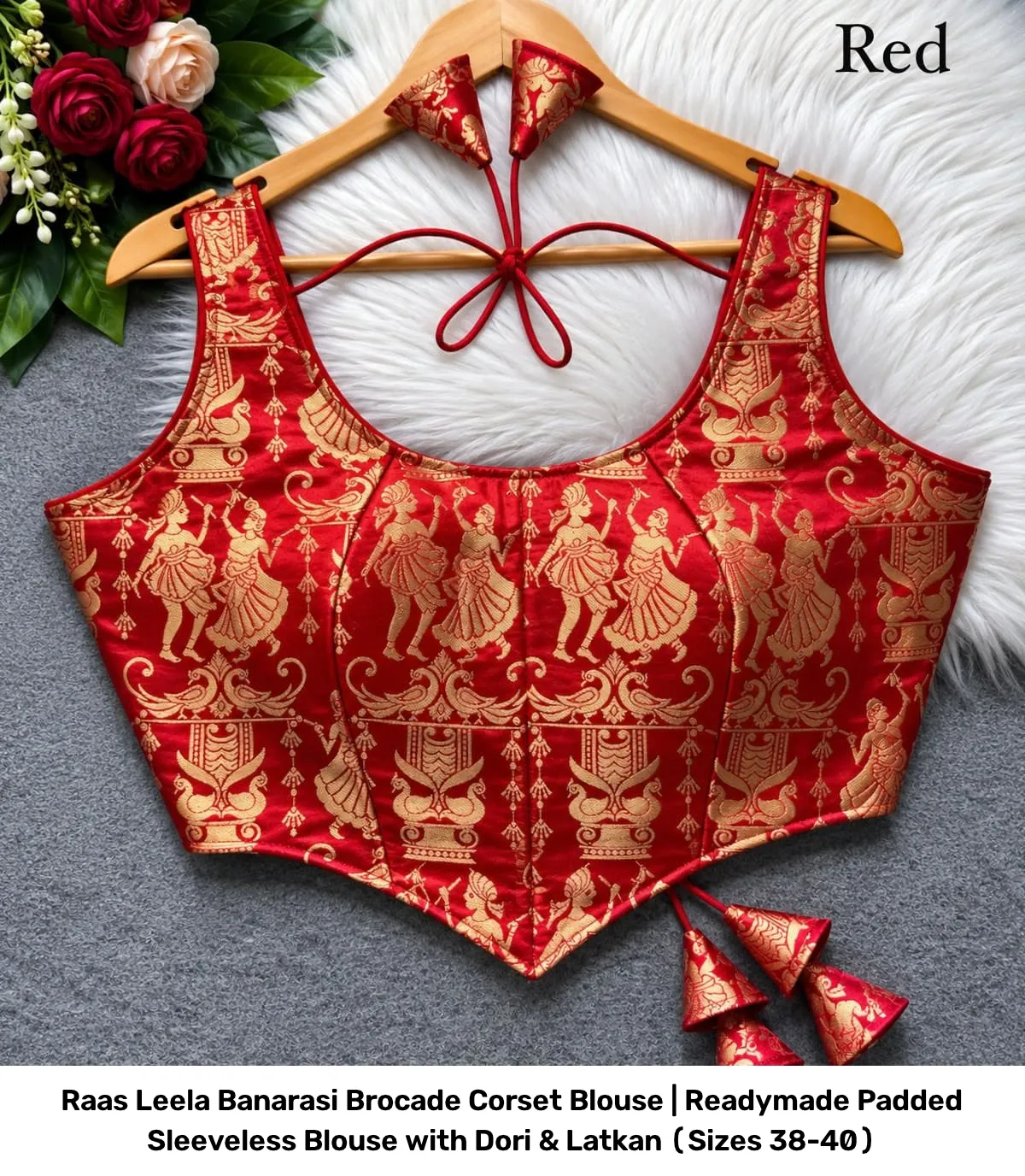 Raas Leela Banarasi Brocade Corset Blouse | Readymade Padded Sleeveless Blouse with Dori & Latkan (Sizes 38-40) 8