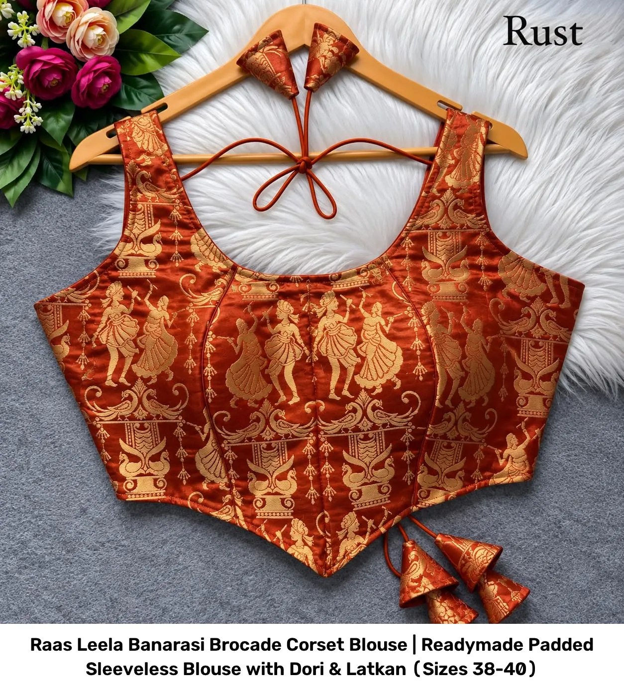 Raas Leela Banarasi Brocade Corset Blouse | Readymade Padded Sleeveless Blouse with Dori & Latkan (Sizes 38-40) 9