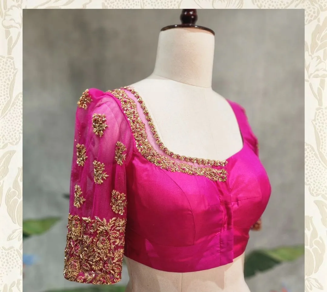 Rani Pink Bridal Blouse Sheer Net Sleeve Zardosi Handwork 1