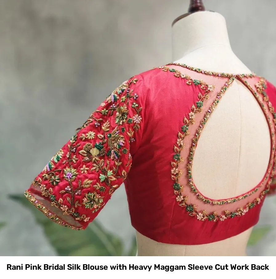 Rani Pink Bridal Silk Blouse with Heavy Maggam Sleeve Cut Work Back 2