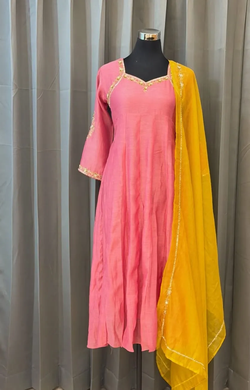 Rani Pink Chanderi Silk Anarkali Kurta Set with Yellow Dupatta | Hand Embroidered Zardozi & Sequin Festive Gown