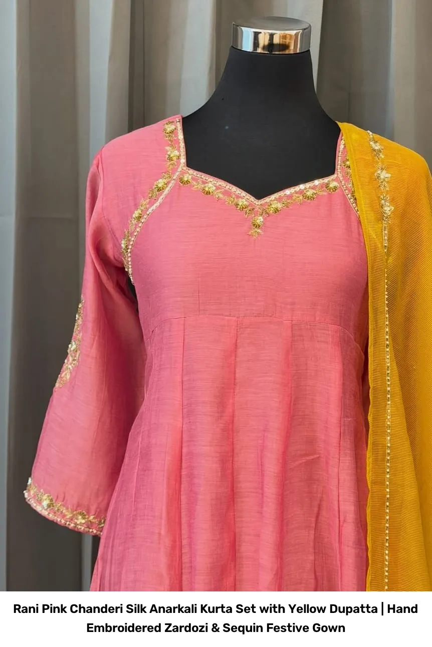 Rani Pink Chanderi Silk Anarkali Kurta Set with Yellow Dupatta | Hand Embroidered Zardozi & Sequin Festive Gown 2
