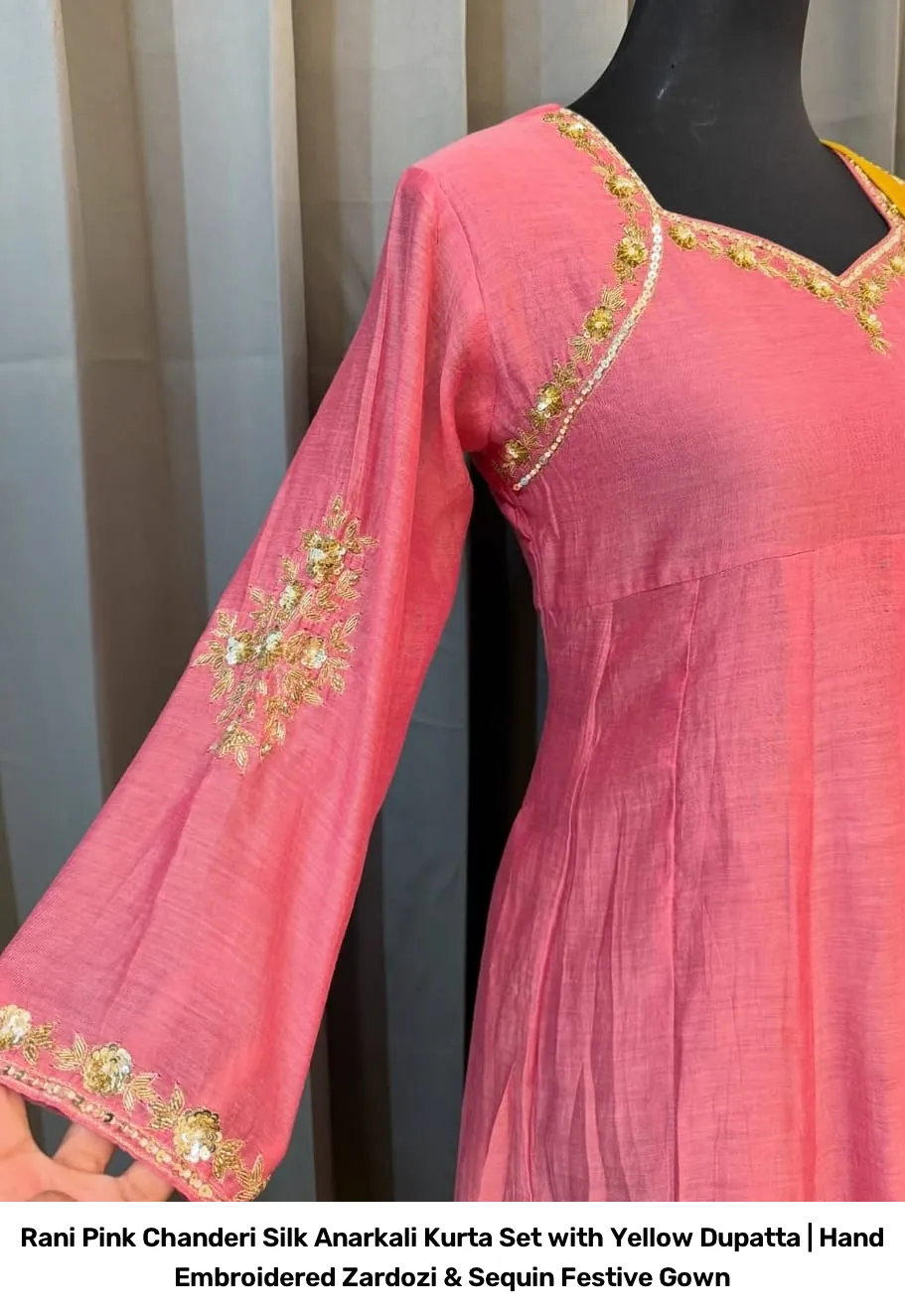 Rani Pink Chanderi Silk Anarkali Kurta Set with Yellow Dupatta | Hand Embroidered Zardozi & Sequin Festive Gown 3