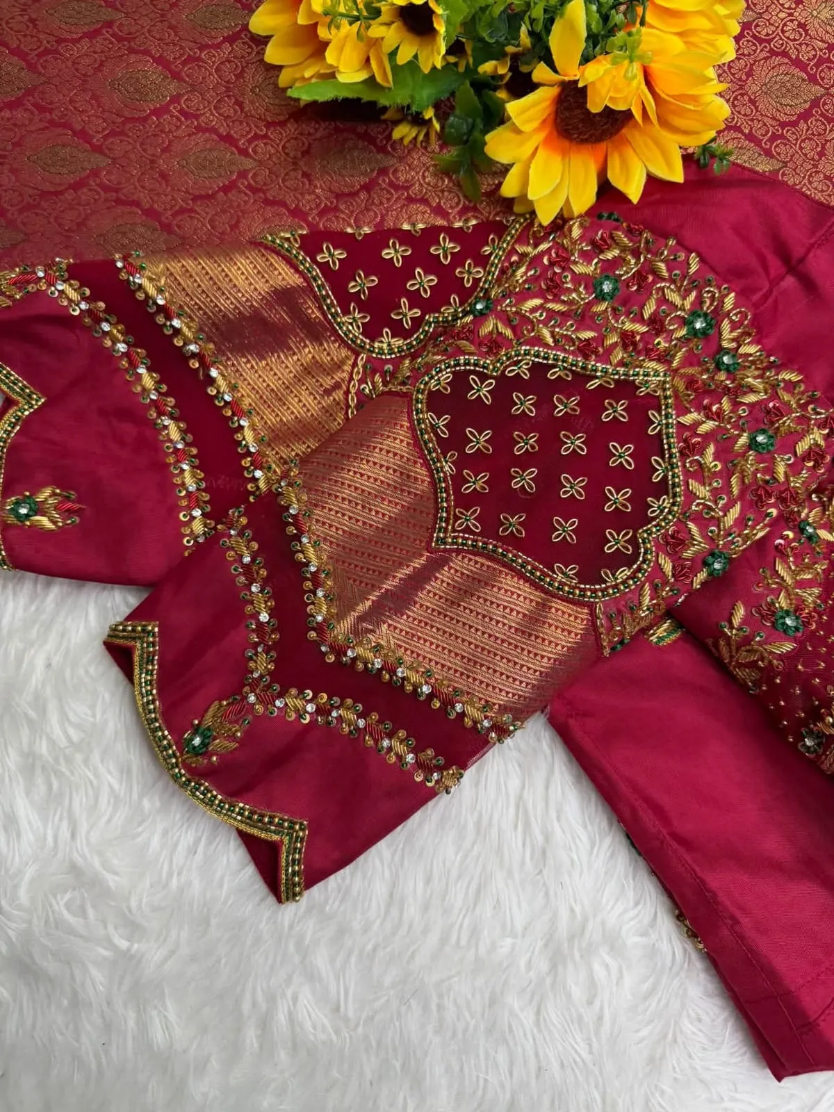 Rani Pink Cutwork Back Bridal Maggam Work Silk Blouse