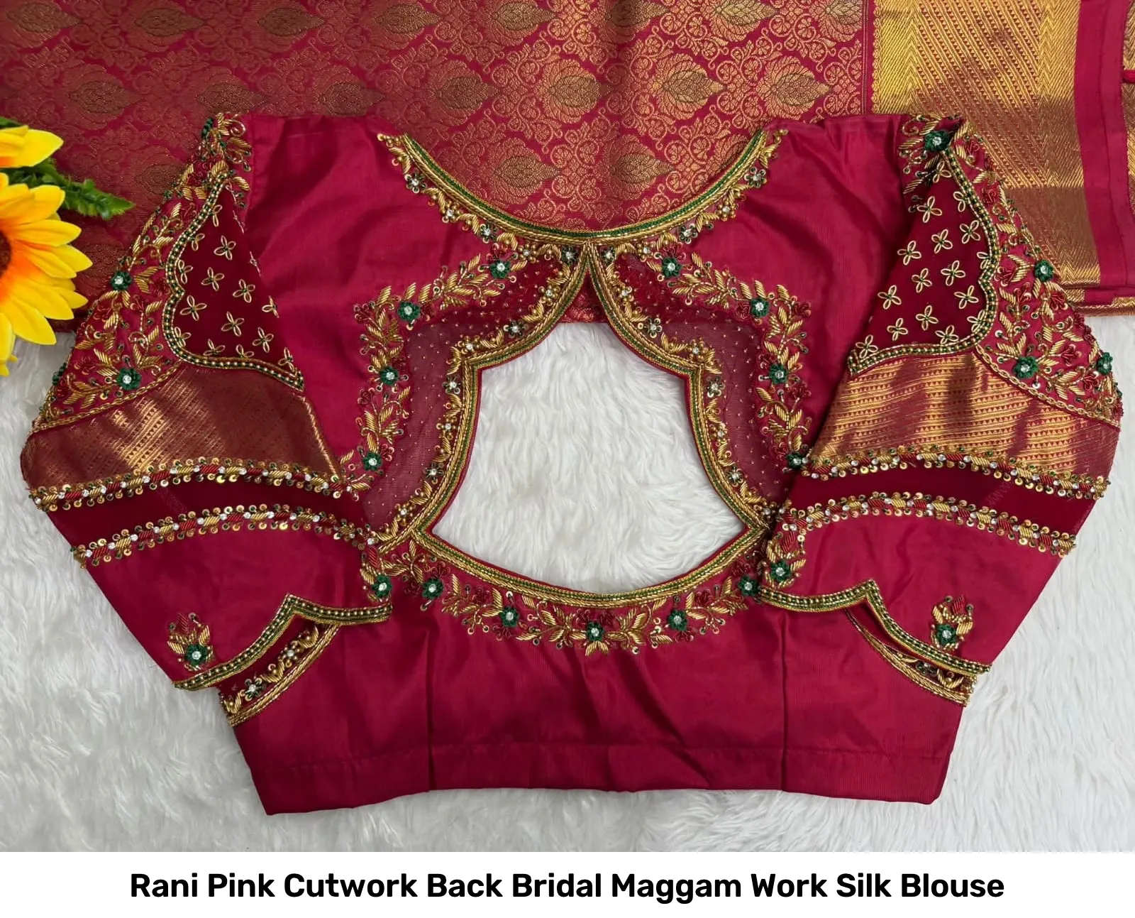 Rani Pink Cutwork Back Bridal Maggam Work Silk Blouse 2