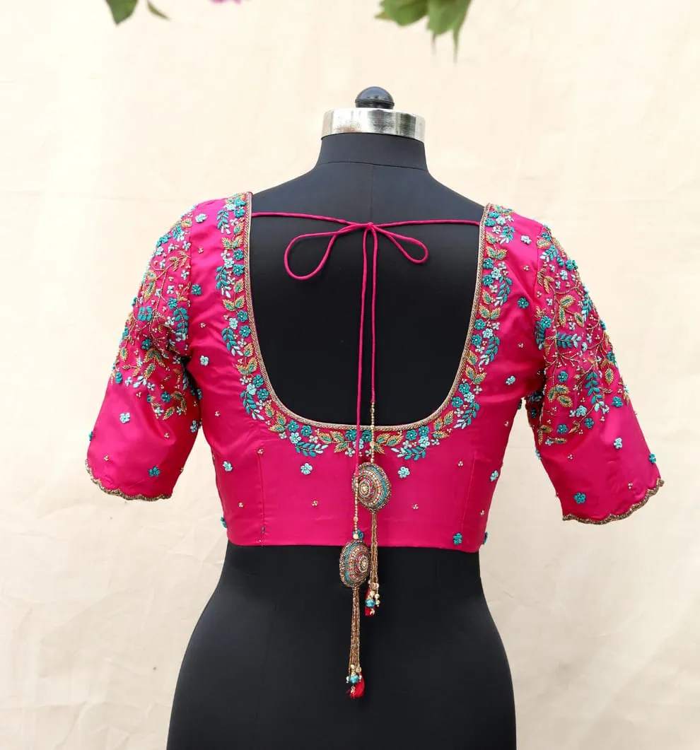 Rani Pink Deep U-Back Blouse with Turquoise Floral Work