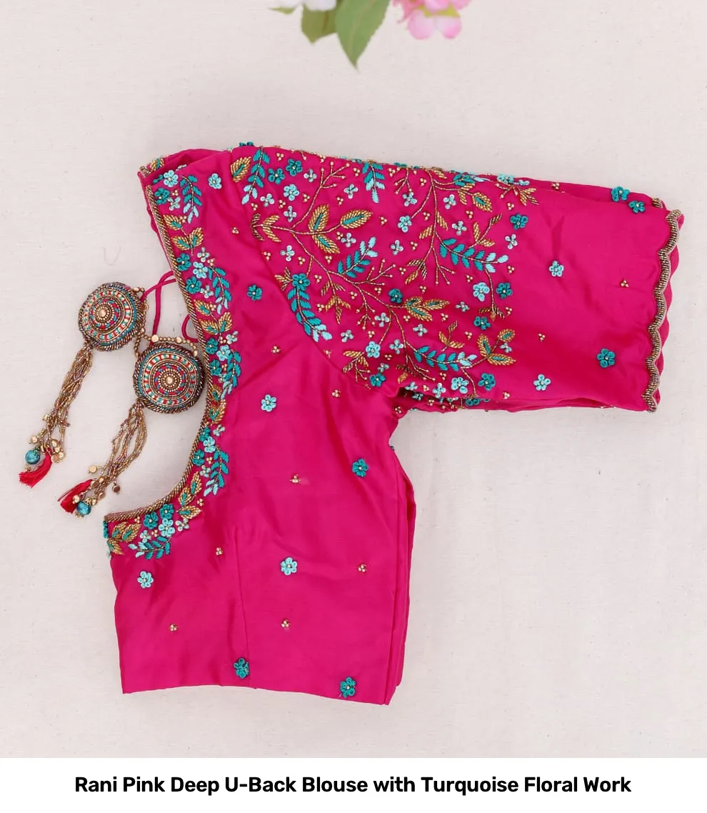 Rani Pink Deep U-Back Blouse with Turquoise Floral Work 2
