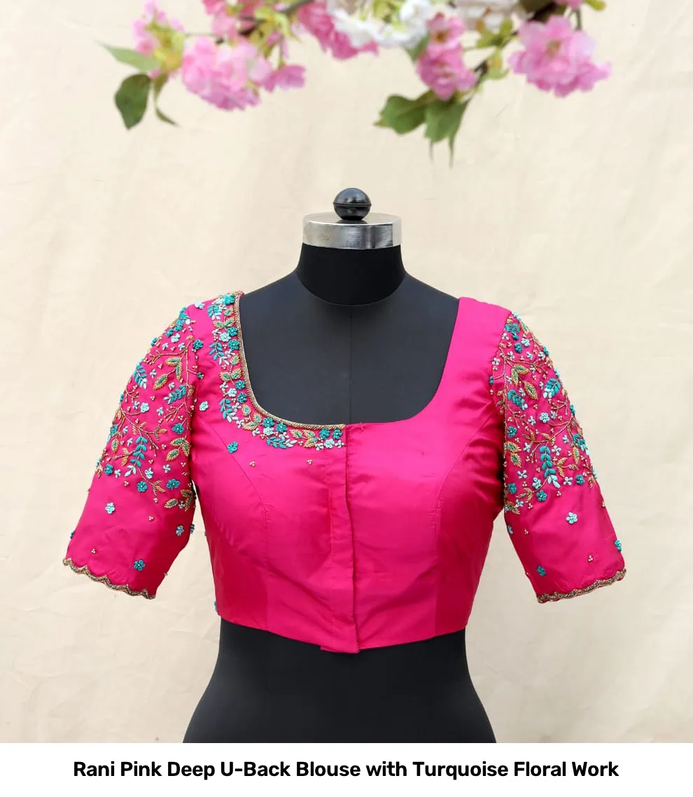 Rani Pink Deep U-Back Blouse with Turquoise Floral Work 3