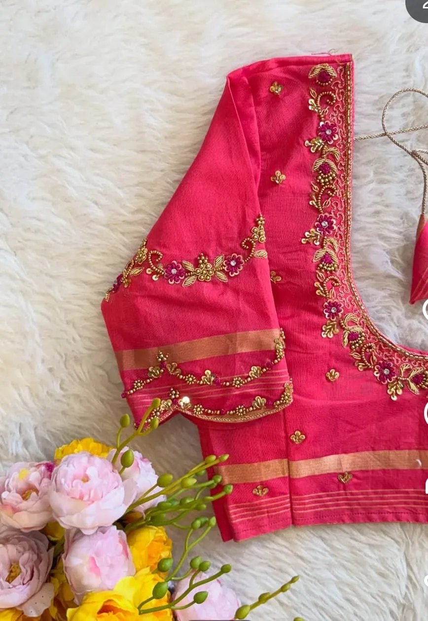 Rani Pink Hand Embroidered Maggam Work Blouse with Scallop Cutwork Sleeves | Designer Bridal Saree Blouse