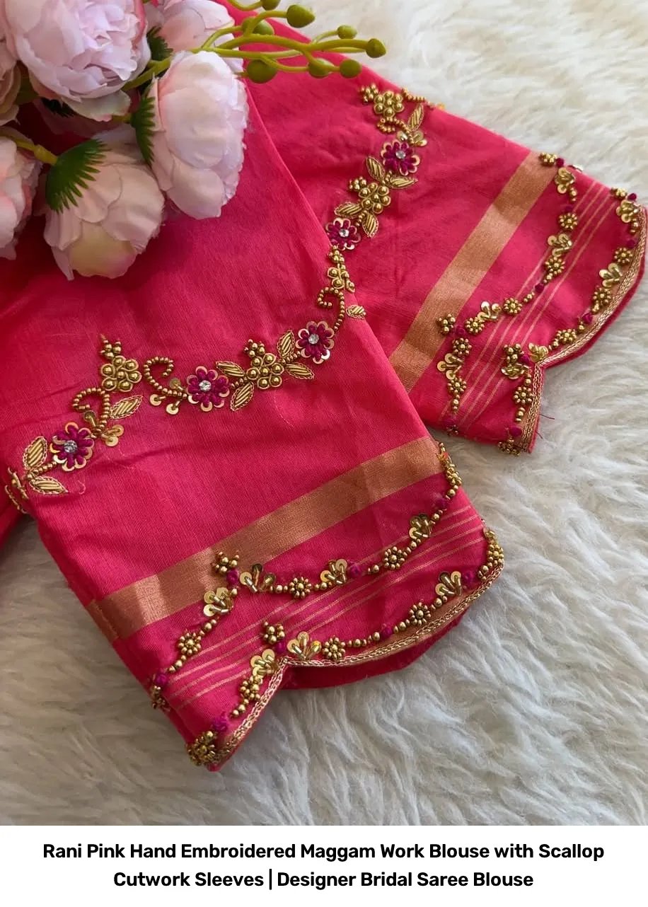 Rani Pink Hand Embroidered Maggam Work Blouse with Scallop Cutwork Sleeves | Designer Bridal Saree Blouse 2