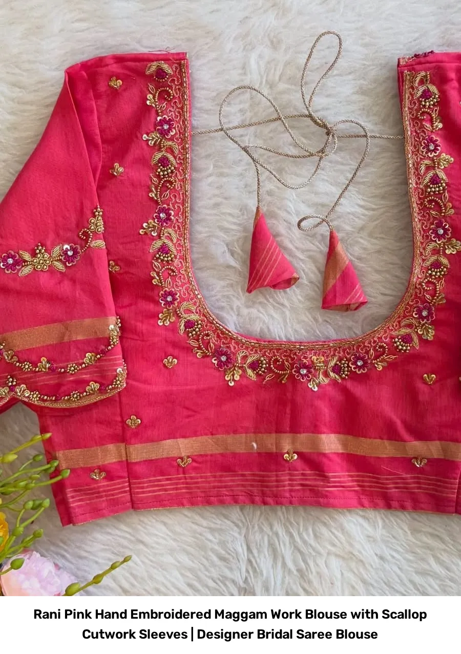 Rani Pink Hand Embroidered Maggam Work Blouse with Scallop Cutwork Sleeves | Designer Bridal Saree Blouse 3