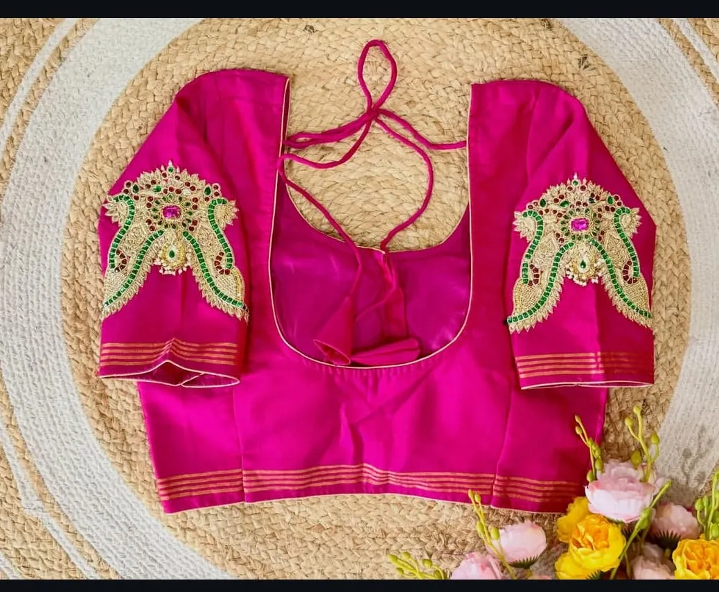 Rani Pink Hand Embroidered Pattu Saree Blouse | Deep U-Back Neck Wedding Maggam Work Blouse