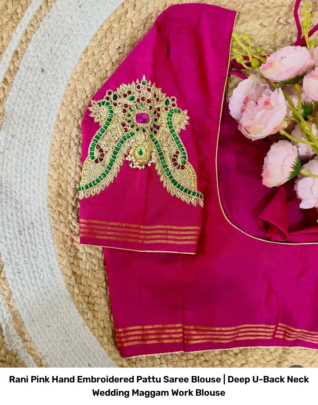 Rani Pink Hand Embroidered Pattu Saree Blouse | Deep U-Back Neck Wedding Maggam Work Blouse 2