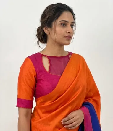 Rani Pink & Orange Colorblock Saree Blouse – Scallop Sheer Neck & Keyhole Back Designer Readymade Blouse