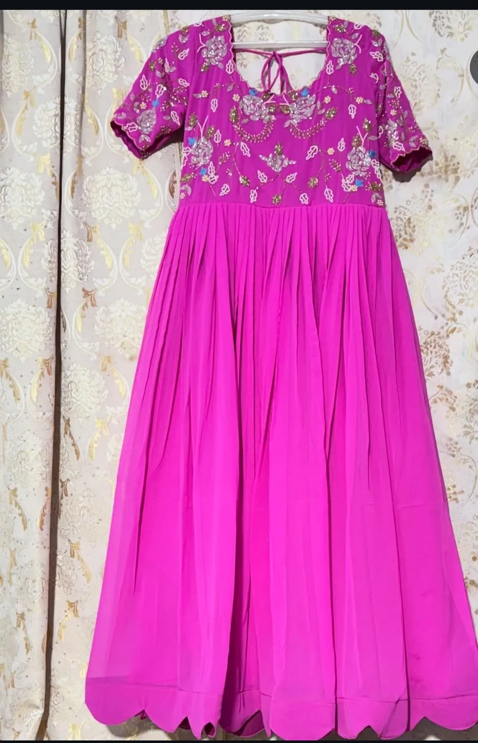 Rani Pink Pleated Georgette Long Frock with Hand Embroidered Yoke | Scallop Hem Maggam Work Anarkali Gown
