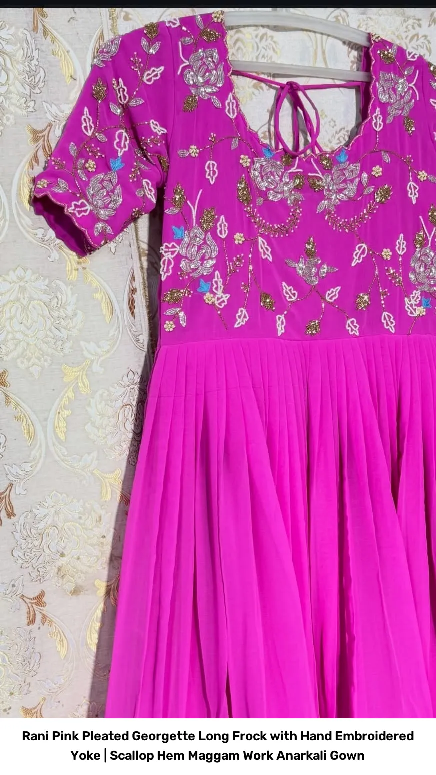 Rani Pink Pleated Georgette Long Frock with Hand Embroidered Yoke | Scallop Hem Maggam Work Anarkali Gown 2