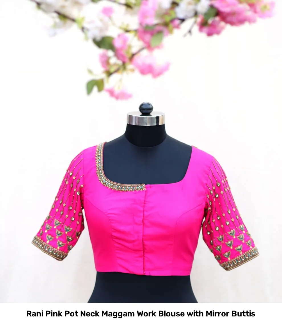 Rani Pink Pot Neck Maggam Work Blouse with Mirror Buttis
