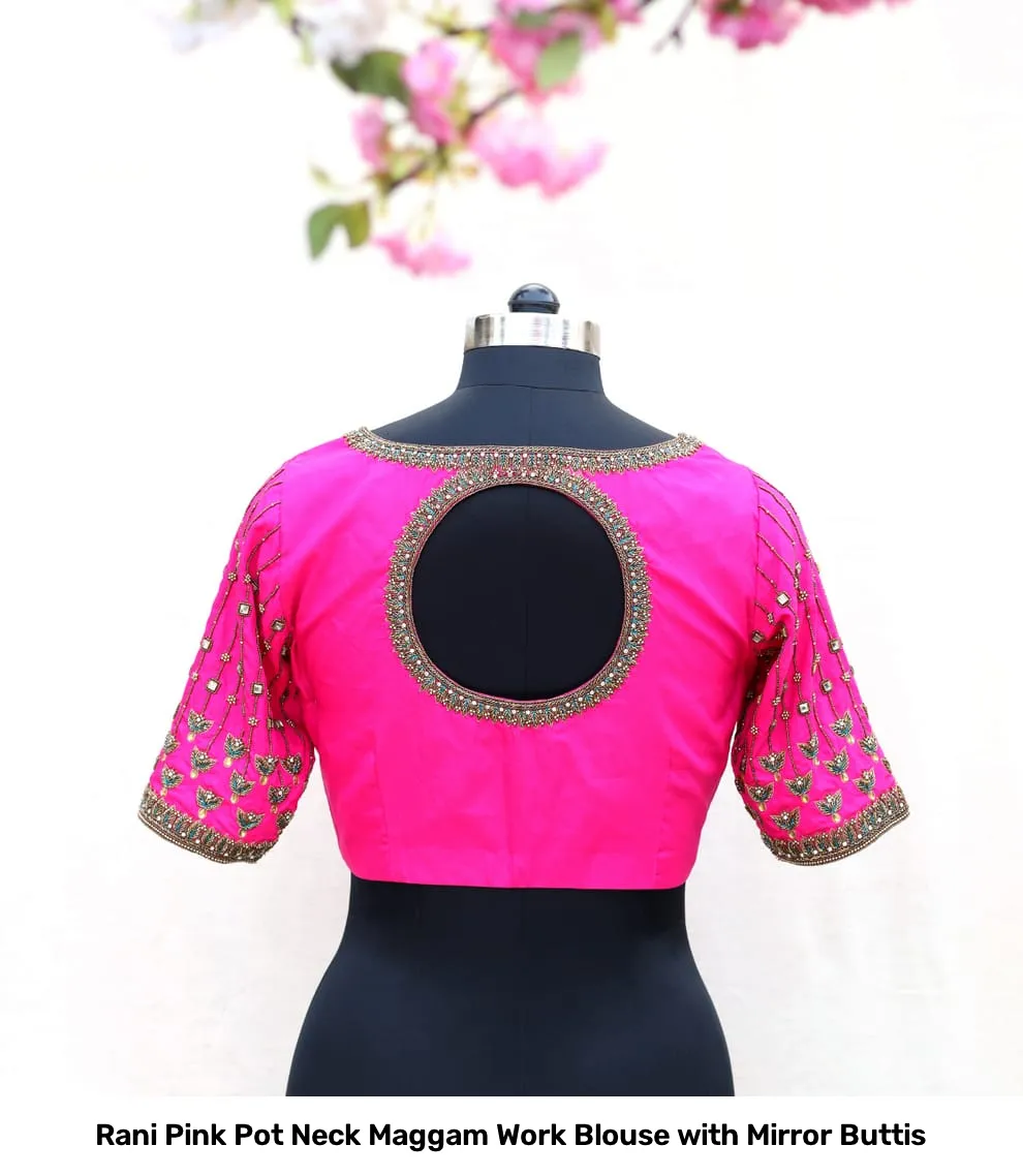 Rani Pink Pot Neck Maggam Work Blouse with Mirror Buttis 2