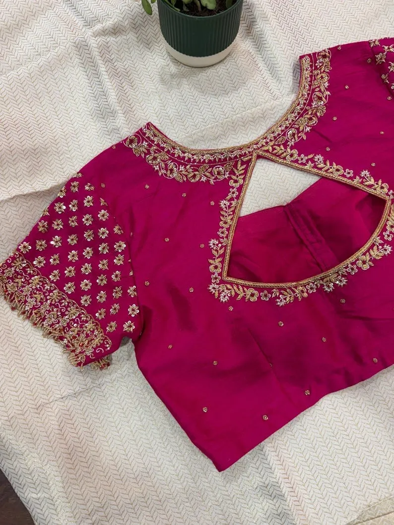 Rani Pink Raw Silk Bridal Blouse | Handcrafted Zardozi Floral Embroidery & Cutout Back Choli