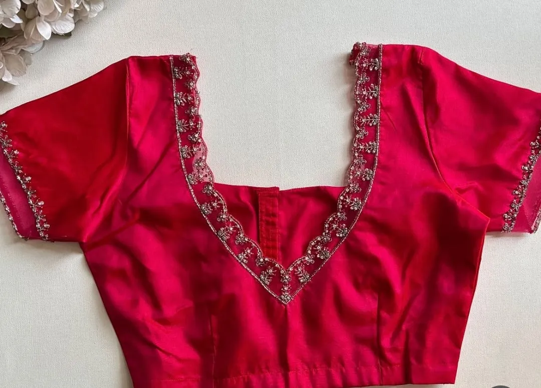 Rani Pink Raw Silk Readymade Blouse Wholesale | Scallop Cutwork Neck Maggam Handwork Saree Blouse