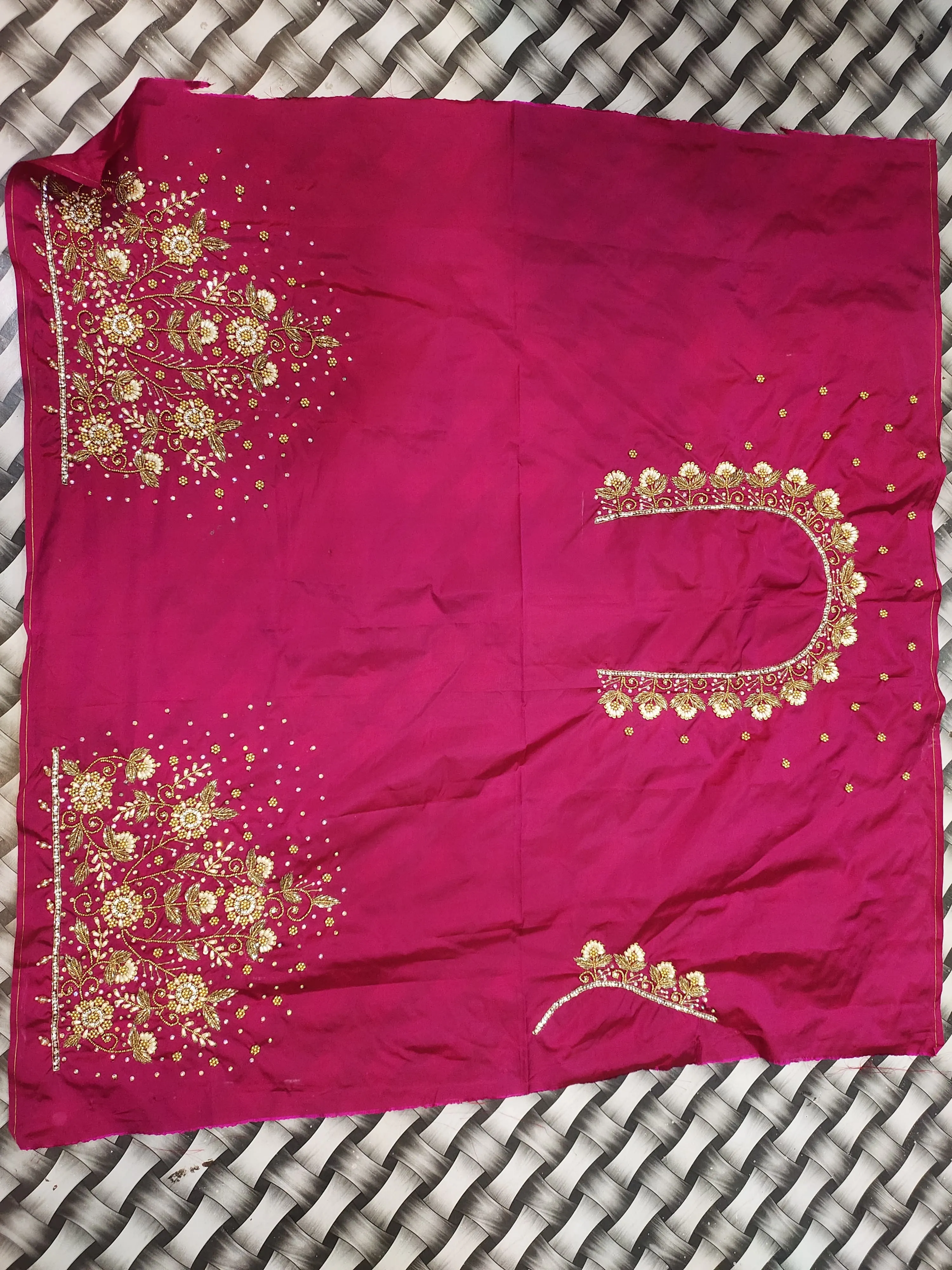 Rani Pink Raw Silk Unstitched Blouse Piece | Dense Floral Maggam Aari Work Neck & Elbow Sleeve Borders Fabric