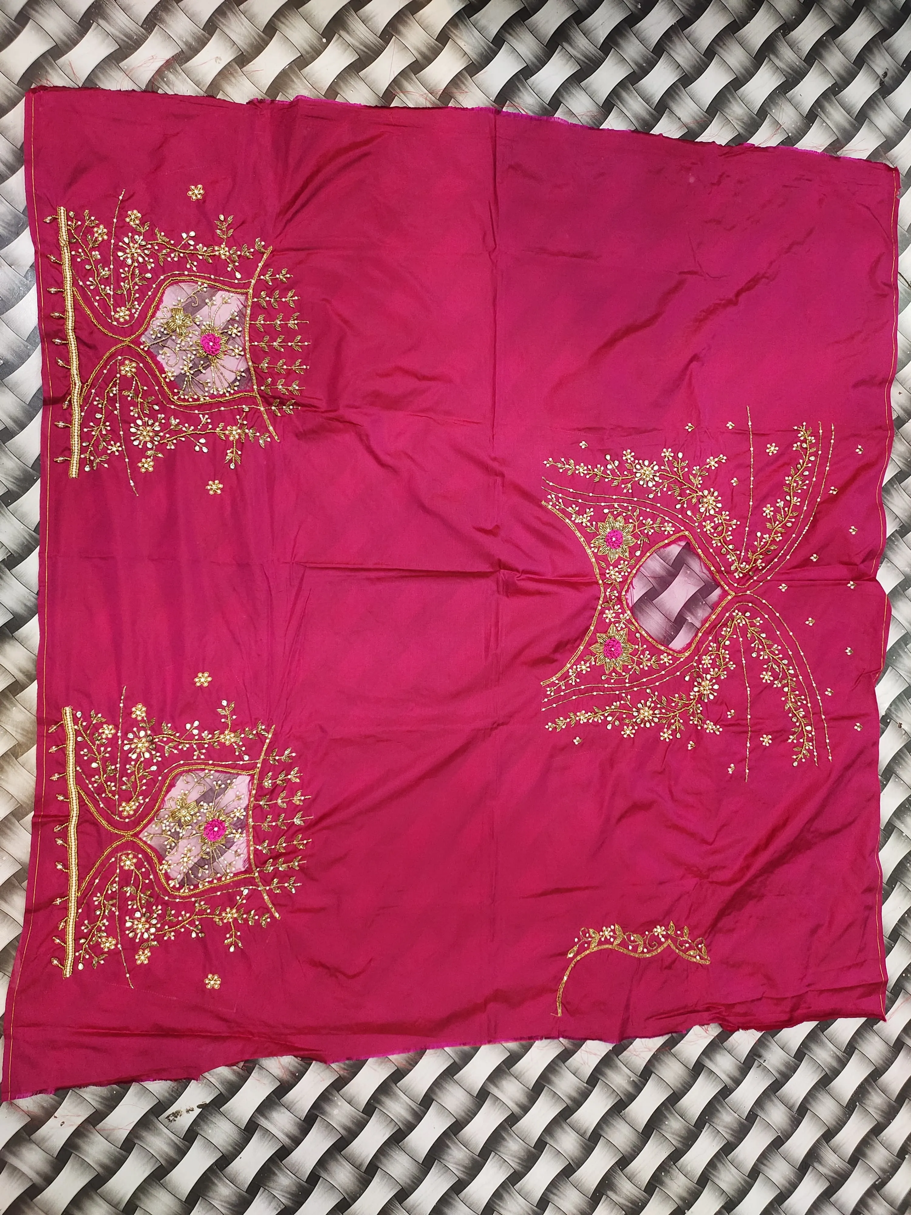 Rani Pink Raw Silk Unstitched Blouse Piece | Floral Maggam Aari Work Neck with Criss-Cross Ribbon Mesh Sleeves & Pearl Drops
