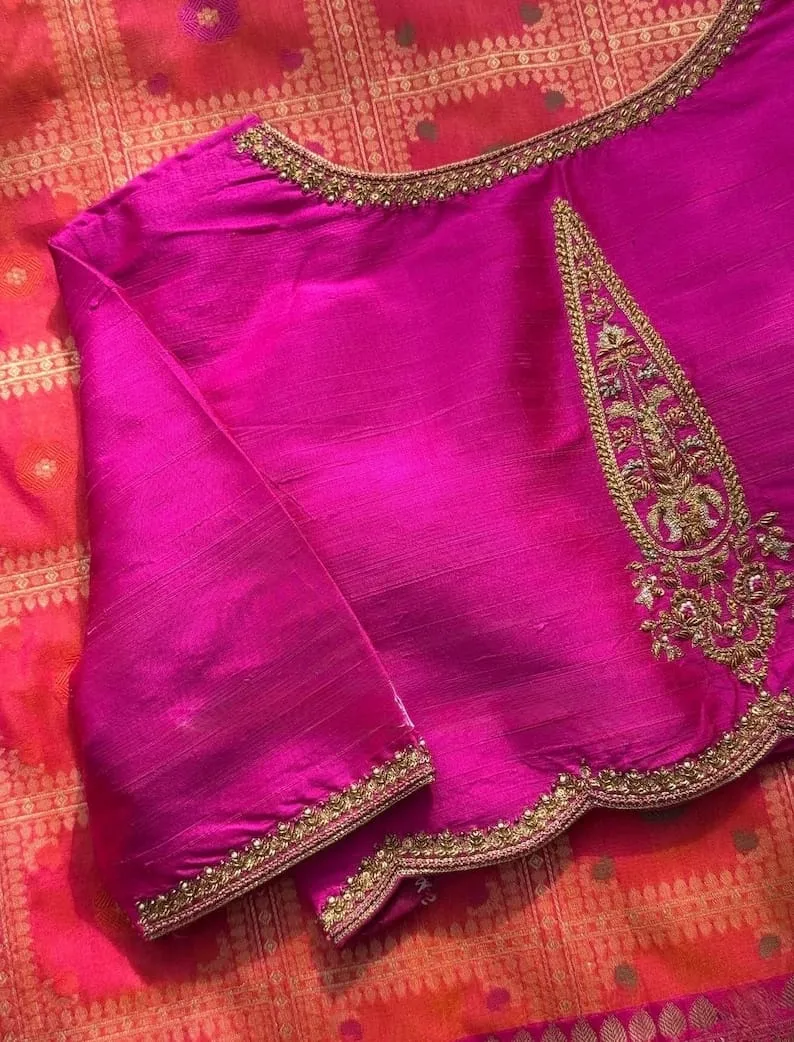 Rani Pink Scallop Border Maggam Work Blouse | Wholesale Price