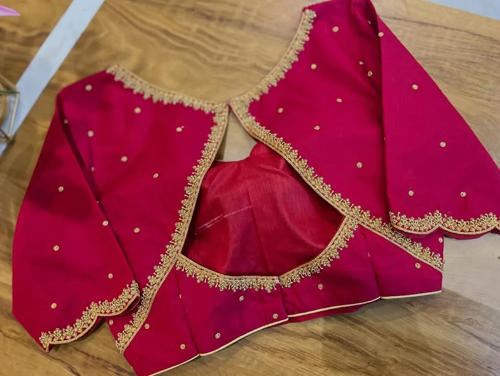 Rani Pink Scallop Maggam Work Blouse Silk Saree Blouse
