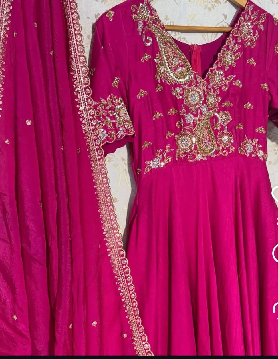 Rani Pink Silk Anarkali Suit with Heavy Zardosi Hand Embroidery | Designer Festive Gown with Scalloped Dupatta