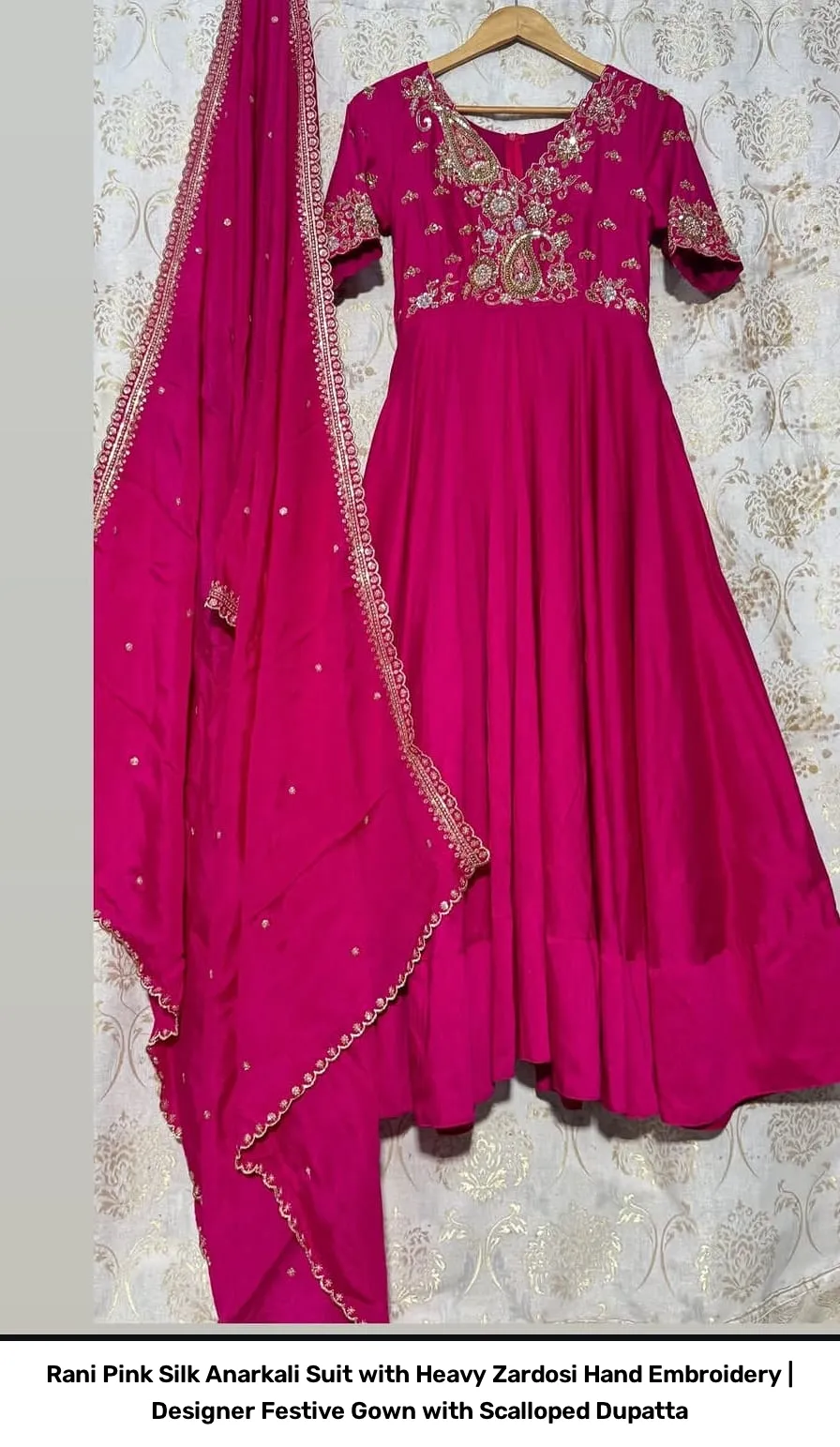 Rani Pink Silk Anarkali Suit with Heavy Zardosi Hand Embroidery | Designer Festive Gown with Scalloped Dupatta 2