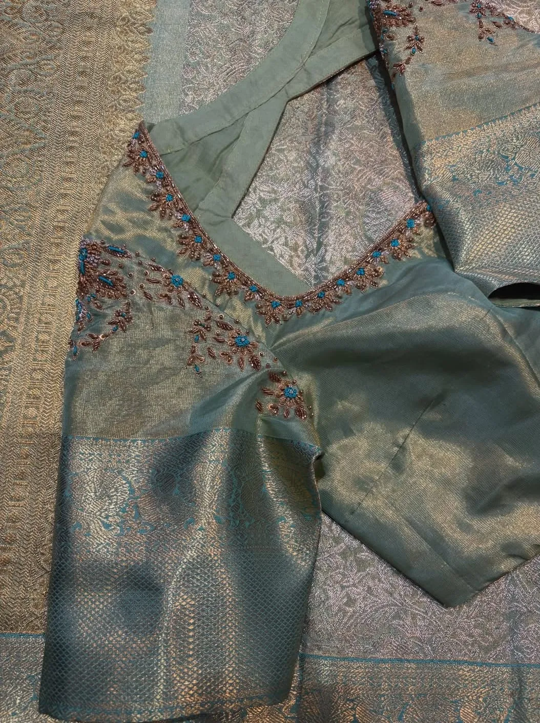 Rani Pink Silk Blouse | Gold Aari Hand Embroidery Neckline | Keyhole Cut Out Back | Kanchipuram Zari Border Sleeves | Bridal Wear