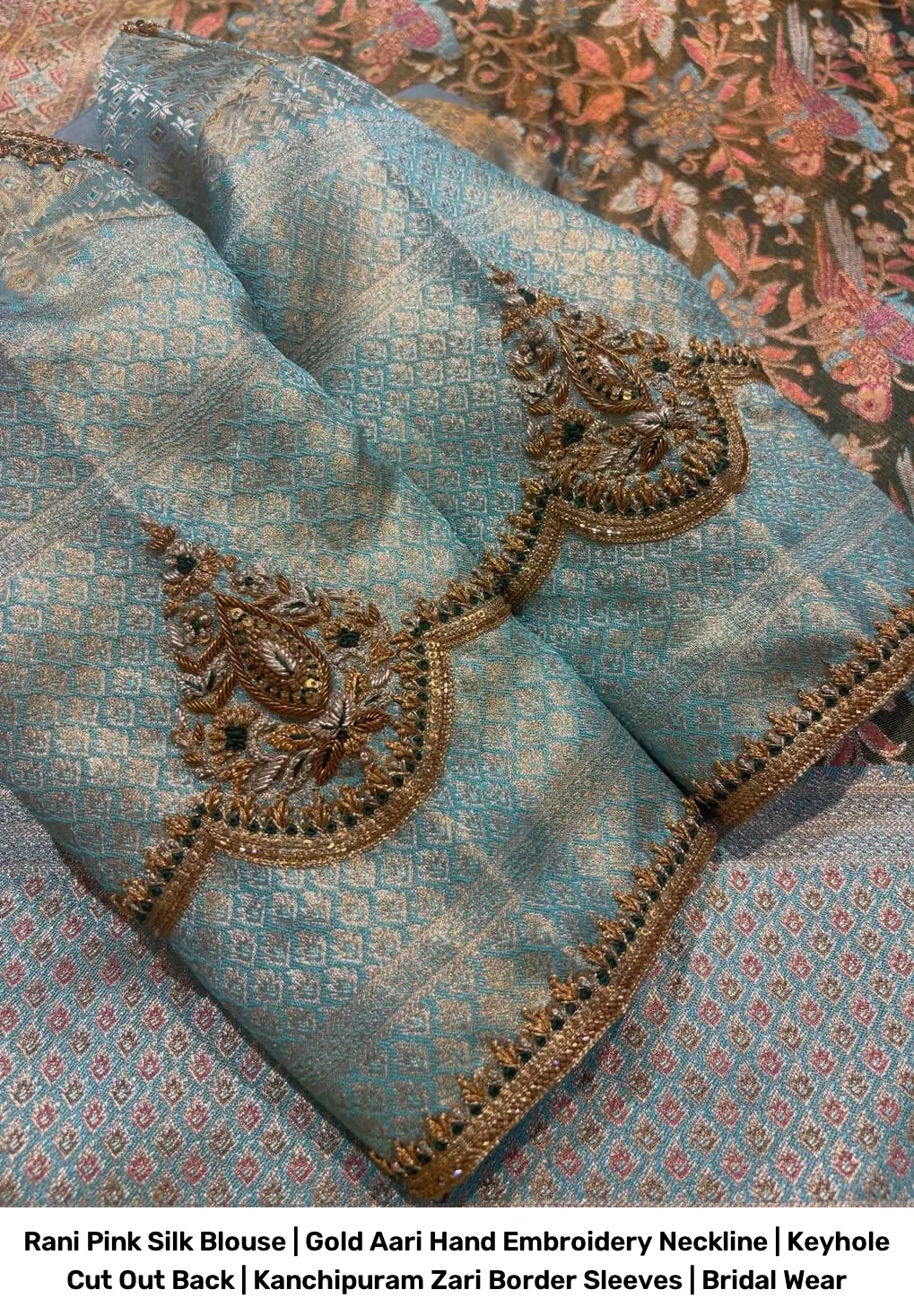 Rani Pink Silk Blouse | Gold Aari Hand Embroidery Neckline | Keyhole Cut Out Back | Kanchipuram Zari Border Sleeves | Bridal Wear 2