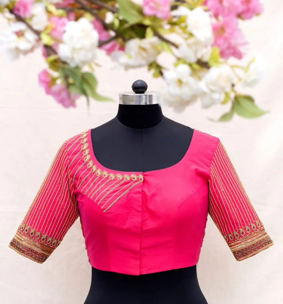 Rani Pink Silk Blouse with Diagonal Bead Line Embroidery