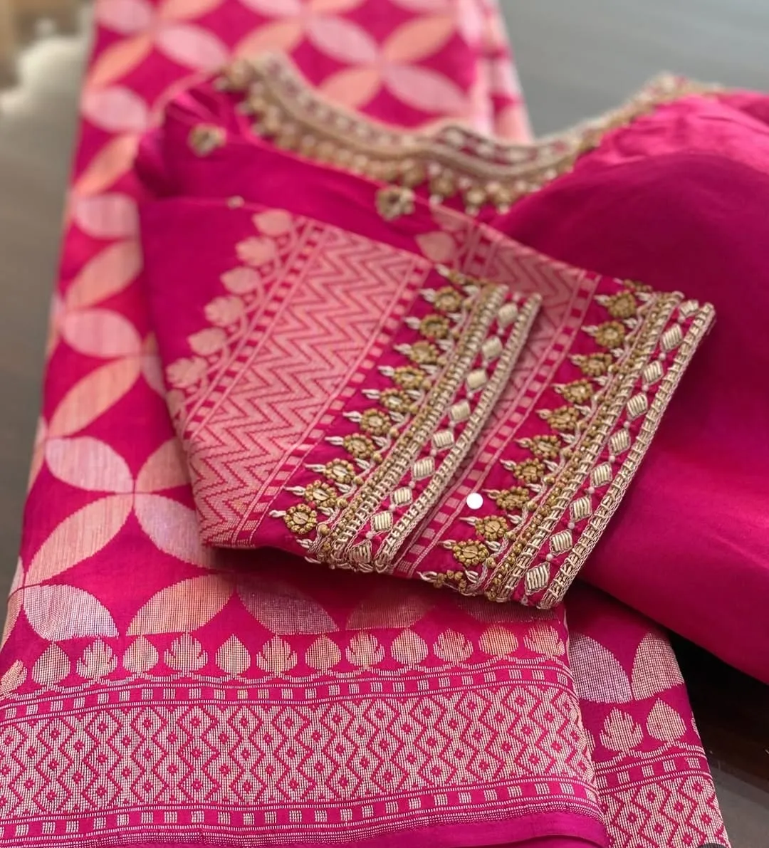 Rani Pink Silk Blouse with Gold Aari Work | Handcrafted Zardozi Beadwork Neckline | Banarasi Saree Blouse Design for Wedding 1