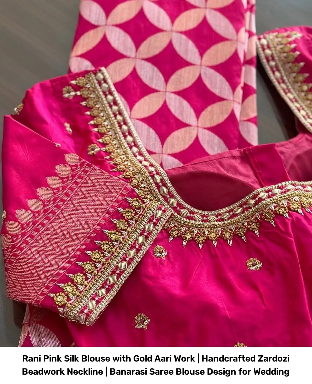 Rani Pink Silk Blouse with Gold Aari Work | Handcrafted Zardozi Beadwork Neckline | Banarasi Saree Blouse Design for Wedding 2