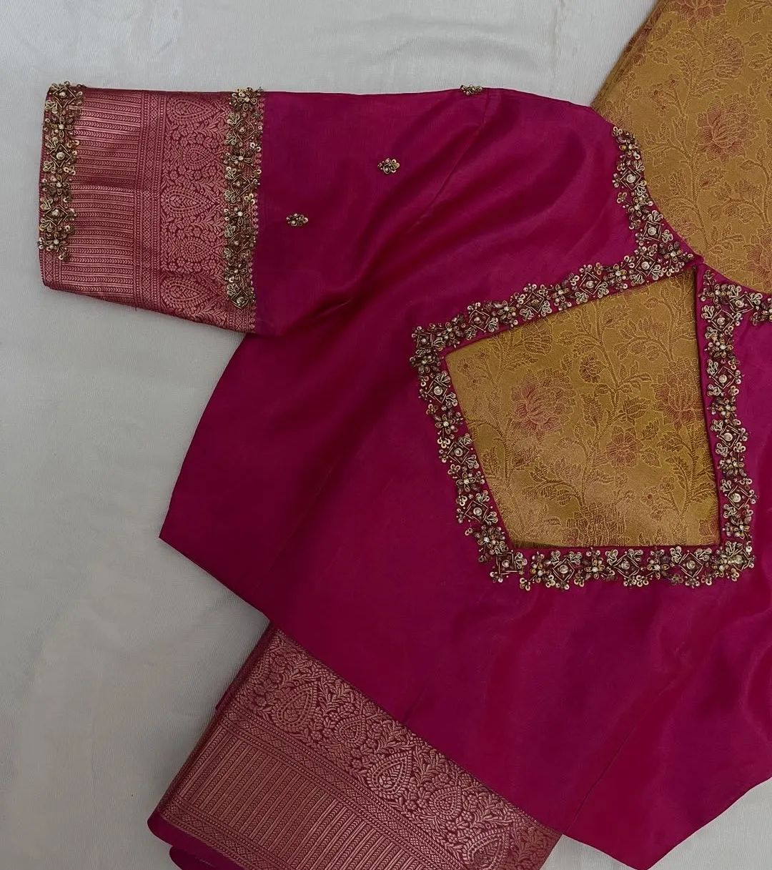 Rani Pink Silk Blouse with Square Neck Stone Maggam Work