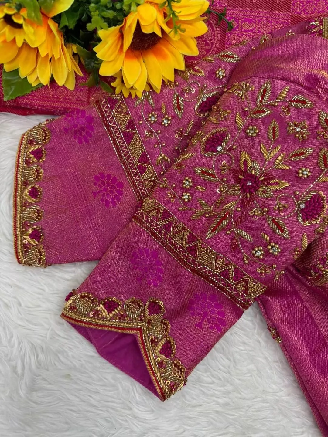 Rani Pink Silk Bridal Saree Blouse with Scallop Cutout Back Neck | Handcrafted Maggam & Zardozi Work Blouse