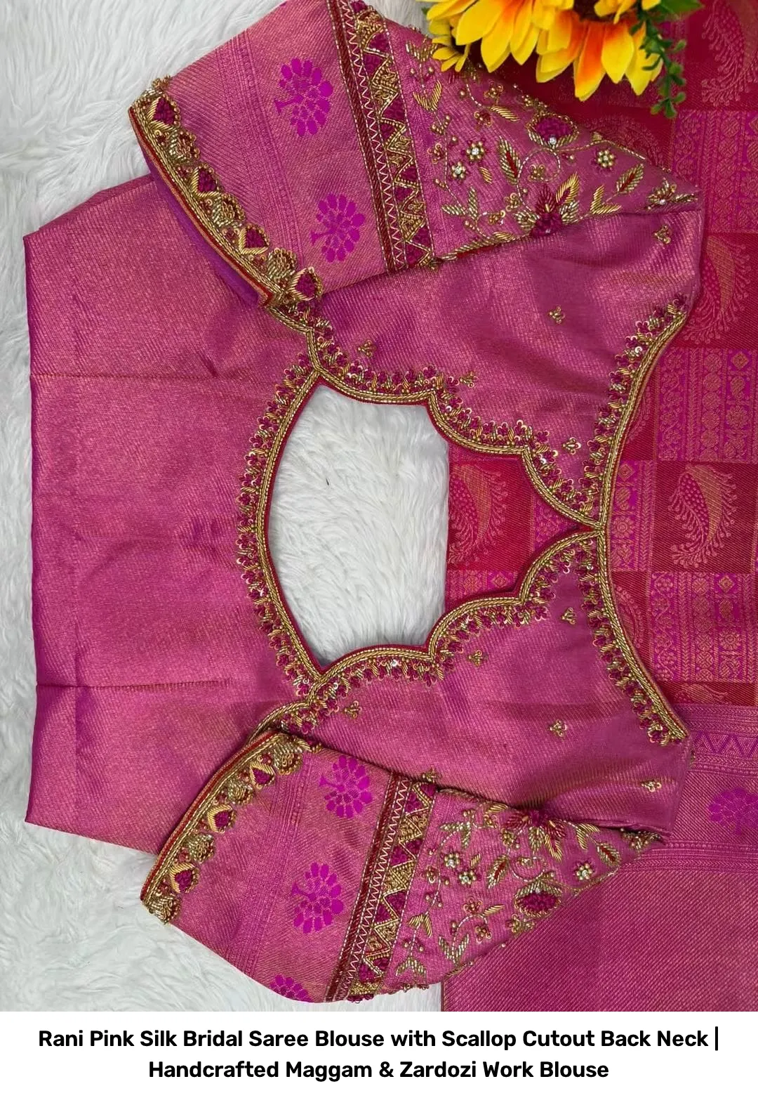 Rani Pink Silk Bridal Saree Blouse with Scallop Cutout Back Neck | Handcrafted Maggam & Zardozi Work Blouse 2