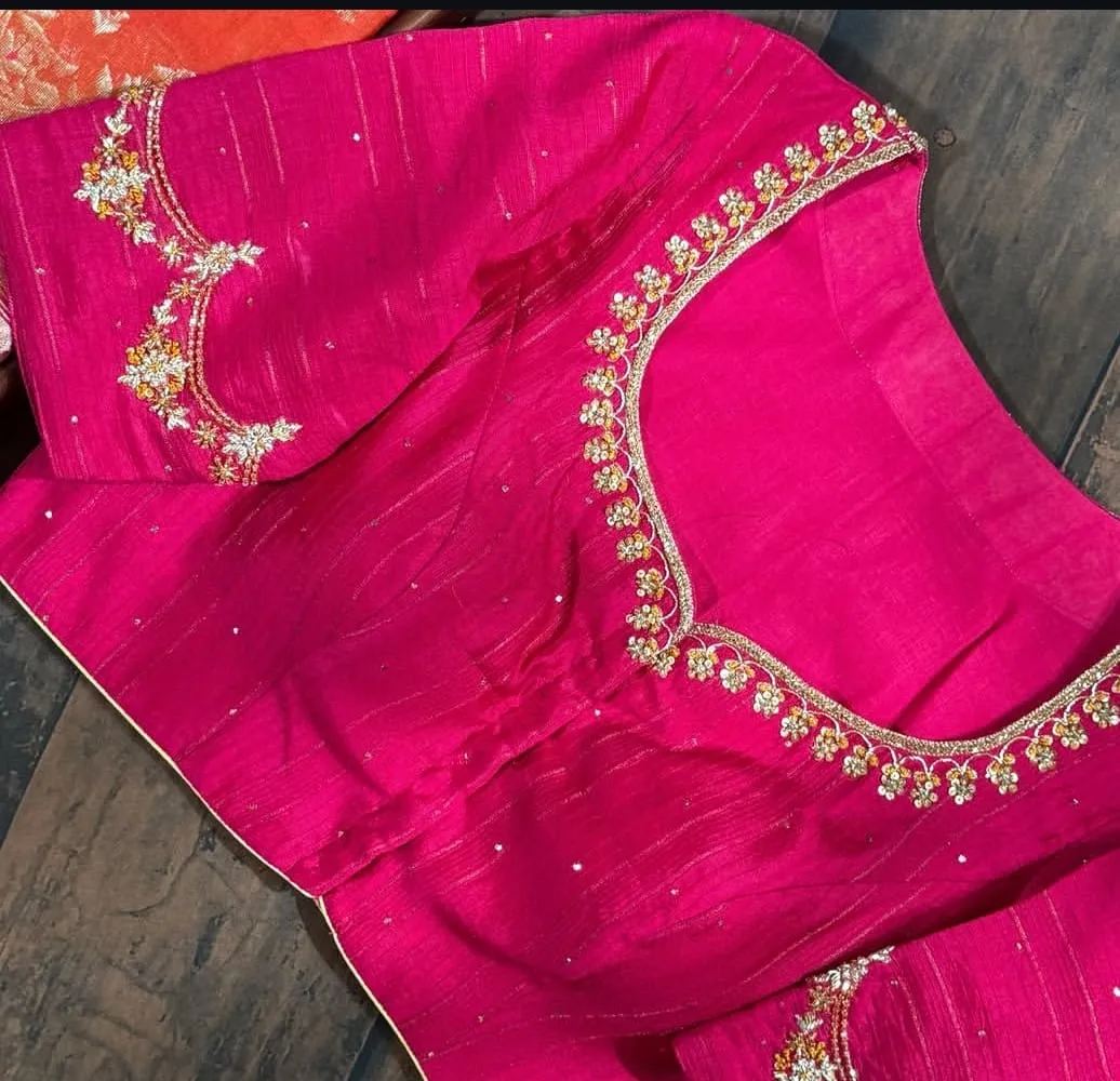 Rani Pink Silk Maggam Blouse Peacock Motif & Pearl Work