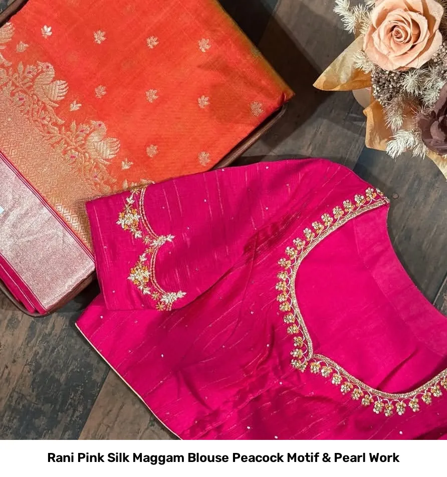 Rani Pink Silk Maggam Blouse Peacock Motif & Pearl Work 2
