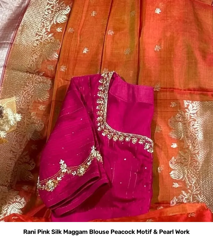 Rani Pink Silk Maggam Blouse Peacock Motif & Pearl Work 3
