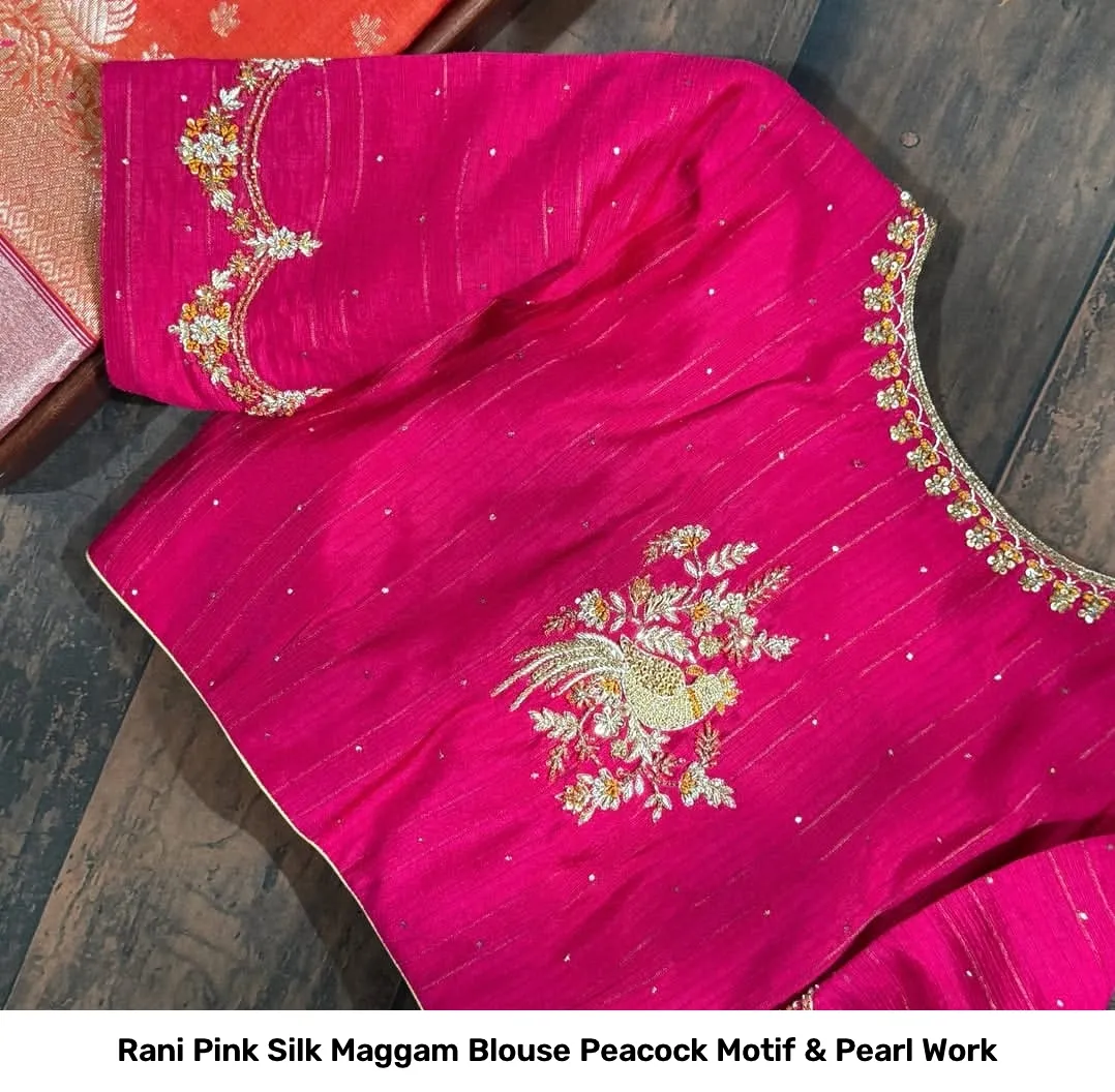 Rani Pink Silk Maggam Blouse Peacock Motif & Pearl Work 4