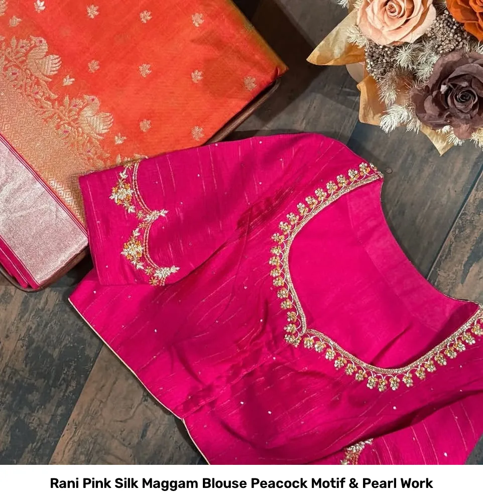 Rani Pink Silk Maggam Blouse Peacock Motif & Pearl Work 5