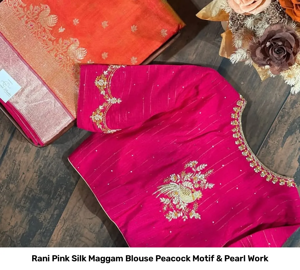 Rani Pink Silk Maggam Blouse Peacock Motif & Pearl Work 6