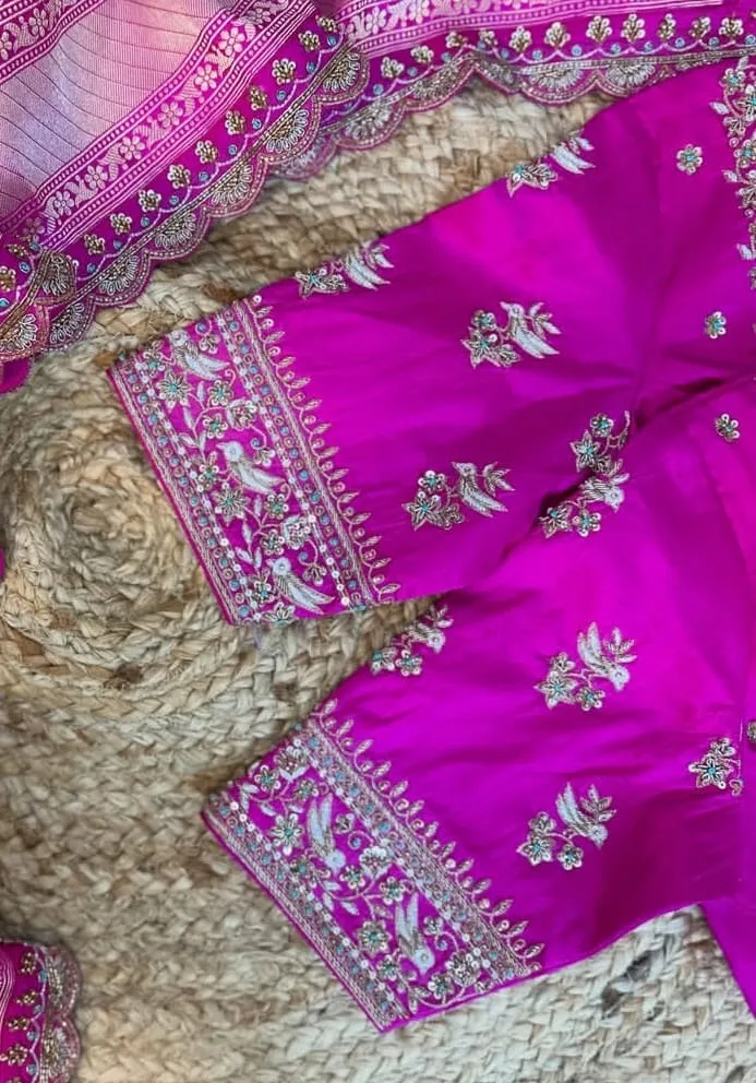 Rani Pink Silk Maggam Work Blouse | Bird Motif Zardozi Hand Embroidered Bridal Saree Blouse