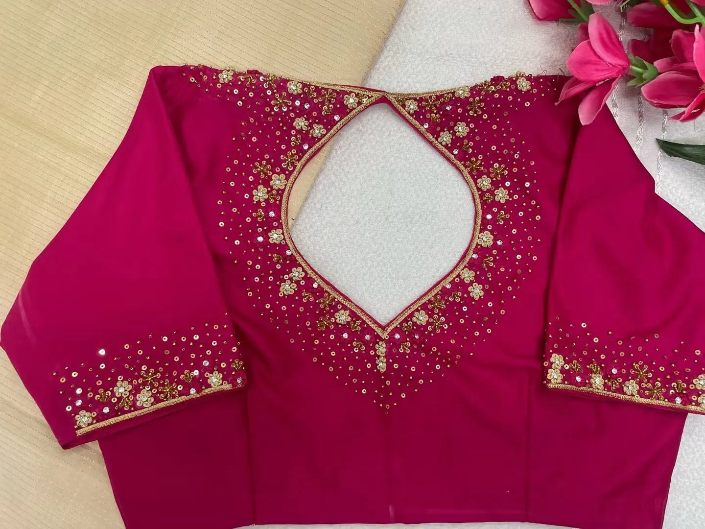 Rani Pink Silk Maggam Work Blouse | Teardrop Cutout Back Neck Blouse with Gold Sequin & Floral Beadwork